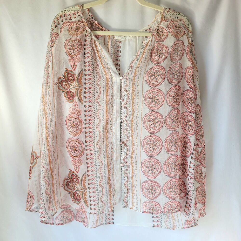 Honey Punch Womens M Sheer Bohemian Print Western Flowy Festival Button Top Boho